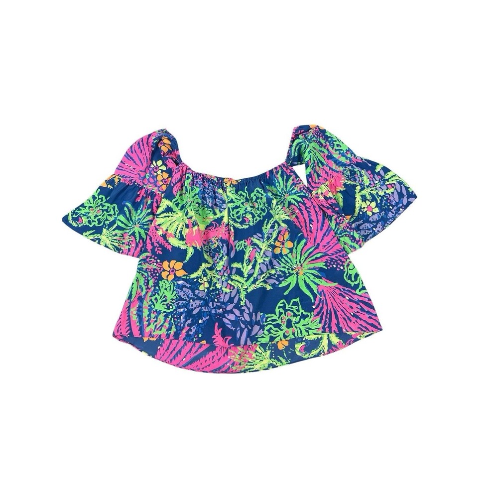 Lilly Pulitzer 100% Silk Off Shoulder Colorful Tropical Floral Top Blouse S